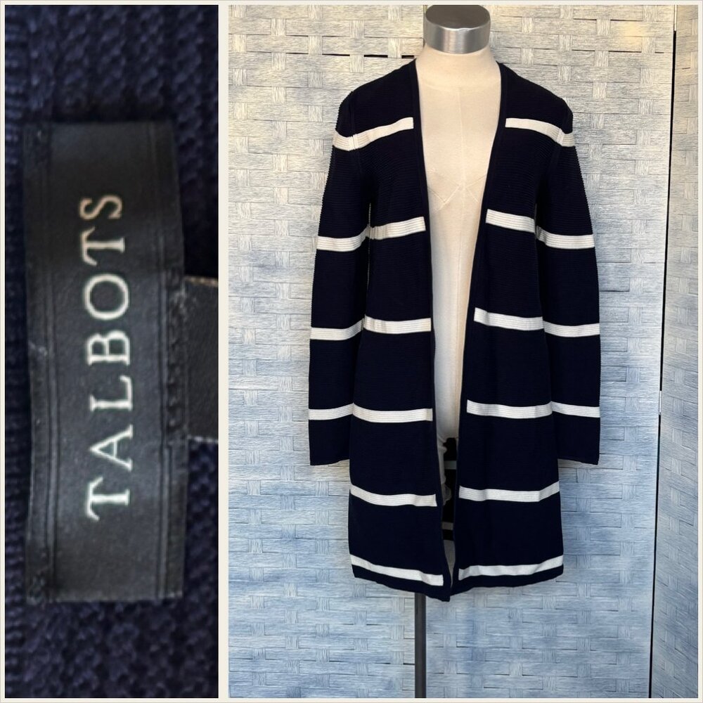 Talbots XS Navy White Stripe Long‎ Cardigan Sweater Open Front